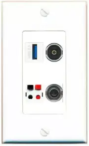 4 Port 1 Gang Jack Face Cover Coupler 3-5MM SPEAKER TOSLINK USB-3 Wall Plate