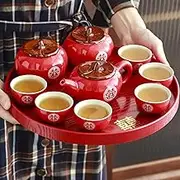 Wedding Tea Set, Chinese Traditional Festive Red Everything Goes Well Ceramic Kungfu Tea Set Ceremony Wedding Party Newlyweds(1 Tea Pot+6 Tea Cups+2 Tea Canisters+1 Tea Tray+1 Gift box)