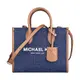 MK MICHAEL KORS MIRELLA白字LOGO單寧布滾邊牛皮拉鍊手提斜背托特包(小/深藍x橡子棕)