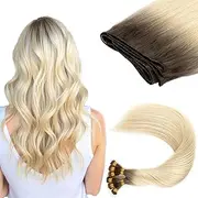 ABH AMAZINGBEAUTY HAIR Sew in Weft Hair Extensions 20 Inch Hand-tied Sew in Human Hair Extensions Platinum Blonde With Dark Brown Weft Remy Human Hair Full Head Rooted #R2-60 50g