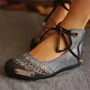 Women's Vintage Lace-Up Flat Shoes – Retro Hollow-Out Suede Casual Ballet Flats for Daily Wear