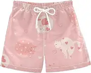 [Joisal] Spring Flowers Lady Bugs Little Boys Shorts Quick Dry Kids Bathing Suits Boys Beach Clothes Drawstring Elastic Waist, Pink Valentines Day Cats, 5 Years