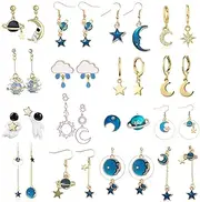 [Svovin] 16 Pairs Moon Star Earrings for Women Dangle Earth Planet Asymmetrical Drop Earrings Astronaut Spaceman Stud Earrings Jewelry