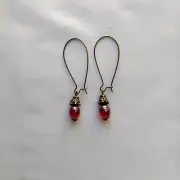 Red Glass Bead Drop Dangle Earrings Bronze Tone Kidney Wire Handmade Boho Chic