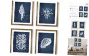 Navy Blue Nautical Themed Wall Art - Sea Shell Grass Octupus Poster Print -