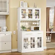 YITAHOME 71'' Kitchen Pantry Storage Cabinet with Microwave Stand, Tall Freestanding Hutch Cabinet with Power Outlet, Pantry Cabinet with Buffet Cupboard, Drawers and Acrylic Doors for Home, White