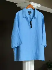 TAHARI Ocean Blue White Heather 100% Linen 3/4 Sleeve Top Shirt Size M NWT