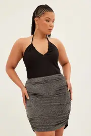 Black Mini Skirt Lurex Elastic Waist Ruched