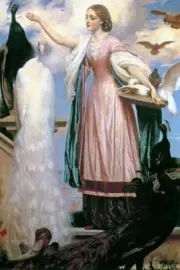GIRL FEEDING PEACOCKS DOVES PAINTING BY FREDERICK LEIGHTON REPRO