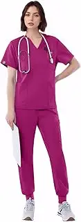 [Chesoon] Scrubs for Women Men Short-Sleeved Top and Jogger Pants Elastic Waistband with 3 Top Pockets and 6 Pants Pockets Anti-Wrinkle Scrub Set