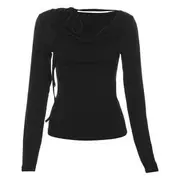 Long-Sleeve Cowl Neck Plain Tie-Up Tee Black - L
