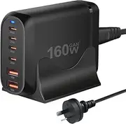 GEEKERA USB C Charger, 160W 6-Port Fast USB Charging Station with 4 USB-C + 2 USB-A, Portable Multiport USB C Wall Charger for iPhone 15-12 Series, iPad Pro, MacBook, Galaxy, Pixel, Switch, and More
