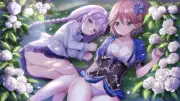 Anime girls harimoji artwork flowers pointy ears Playmat Game Mat Desk
