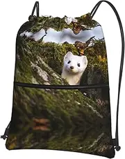 EdWal Cute Weasel Print Drawstring Backpack Gym Bags Sports Bags With Zipper Pocket For Travel Beach, Black, One Size