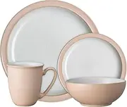 [Denby] Elements Shell Peach Dinner Set for 1-4 Piece Ceramic Tableware - Dishwasher Microwave Safe Crockery Single Place Setting - 1 x Dinner Plate, 1 x Small Plate, 1 x Cereal Bowl, 1 x Coffee Mug
