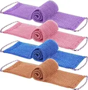 4 Pieces African Net Sponge African Bath Sponge African Exfoliating Net Long Exfoliating Body Scrubber Washcloth Nylon Body Scrub Towel with Ropes for Women Men Daily Use, Purple, Black, Blue, PinkV