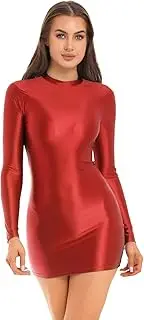 [Oyolan] Sexy Women Oil Glossy Sheer Micro Mini Dress Tight Pencil Short Dress Smooth Bandage