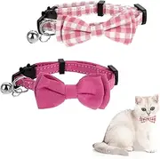 2Pcs Cat Collars Breakaway with Cute Bow Bell, Cat Collar for Boy Cat and Girl Cat, Kitten Collar Plaid Cat Collar with Removable Bowtie, Adjustable Cute Pet Kitten Collar for Cats Kittens(Pink)