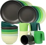 Greentainer Plastic Crockery Sets (24 Pieces) | Lightweight and Unbreakable Camping Crockery Set, Plates, Bowls, Cups, Dinner Service for 6 People, Ideal for Children and Adults, Reusable