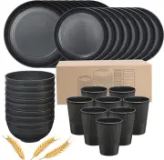 32-Piece Plates and Bowls Set 8 Wheat Straw Dinnerware Set Home Parties Black