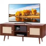 Boho Rattan TV Stand for 55 Inch TV Mid Century Modern Console Walnut