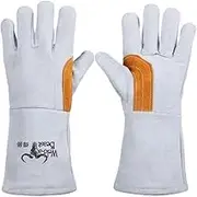 Leather Forge Welding Gloves, Heat/Fire Resistant,Mitts for BBQ,Oven,Grill,Fireplace,Tig,Mig,Baking,Furnace,Stove,Pot Holder,Animal Handling Glove.Black-gray