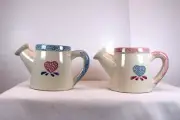 Vtg Spongeware Hermitage Pottery Watering cans 4" pink and blue cottage core