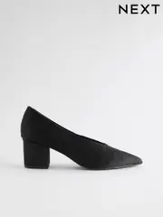 Black Forever Comfort® Leather Point Toe Low Block Heels (B38917) | $111