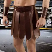 Mens Real Brown Leather Roman Gladiator Kilt Set Leather Kilt Gay Club Wear Lrap