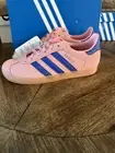 adidas Originals Unisex Sz 2 Gazelle Shoes in Semi Pink Spark / Lucid Blue / Gum