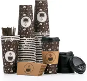 Disposable Coffee Cups with Lids, Sleeves and Straws - 20Oz(50 Pack) Paper Cups