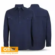 Mens Navy Close Front Cooling Cotton Drill Long Sleeve 150g Work Shirt XXS~5XL