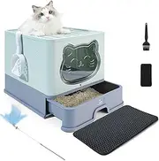 HelloMiao Fully Enclosed Cat Litter Box with Lid, Foldable Extra Large Cat Toilet, Drawer Type Cat Litter Tray with Plastic Scoop, Suitable for Cats Under 17.6Ib(8kg)