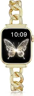 [SIBOYL] Cowboy Chain Band for Apple Watch Band 46mm 45mm 44mm 49mm 42mm(Series 3/2/1), Metal iWatch Band, For Apple Watch Strap for Apple Watch Series 10 Band Se 9 8 7 6 5 4 3 2 1 Ultra-Gold