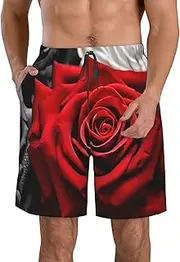 [FJWSLCH] Black White and Red Roses Men's Swim Trunks Quick Dry Swimming Board Shorts Drawstring Hawaiian Beach Shorts