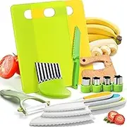 Kids Safe Knife Set, 13 Pcs Toddler Kitchen Friendly Knives for Real Cooking Montessori Kid Proof Kitchen Tools, Toddlers Safe Plastic Knives Crinkle Sandwich Cutter Y Peeler Cutting Board