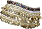 [Tadill] Belly Dance Hip Scarf Sequins Skirt Waist Chain Hip Belt for Dancer Stage Performance Rumba Samba, white