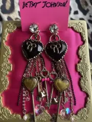 Betsey Johnson Vintage Hey Valentine Lucite Black Glitter Heart Bow Key Earrings