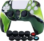 Silicone Cover Skin Case for Sony PS5 Dualsense Controller x 1(Camouflage Green) with Thumb Grips x 10