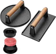 KITment 3Pcs Burger Press, Burger Smasher, 7" Round & 8.2"X4.3" Rectangle Heavy-Duty Cast Iron Meat Smasher with Stuffed Burger Press, Bacon Hamburger Maker for Flat Top Grill, for Sandwich, Steak