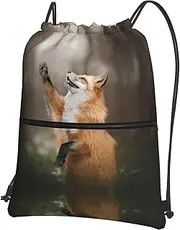 EdWal Animal Fox Pattern Print Drawstring Backpack Gym Bags Sports Bags With Zipper Pocket For Travel Beach, Black, One Size