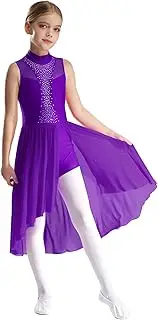 [FEESHOW] Kids Girls Lyrical Ballet Dance Costume Sleeveless Sparkly Figure Skating Dress Dancewear