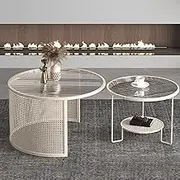 Nesting Coffee Table Set, Unique Semi-Circular Table Legs, Iron Woven Rattan+Glass, No Need Assembly Coffee Table Set(White,31in+24in)