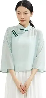 [Angcoco] Women's Chinese Traditional Crew Neck 3/4 Sleeve Chiffon Blouse Top