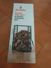 Scandia Fireplace Firewood Log Holder Steel Wood Storage & 4 Piece Fire Tool Set