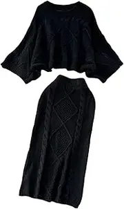 [keusyoi] Knitted Sweater Two Pieces Suits Women O-Neck Batwing Sleeve Loose Top+Elastic Waist Bodycon Split Long Skirt Sets