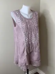 Pretty Angel Pink Embroidered Sleeveless Long Blouse Short Dress Sz S Linen Bld