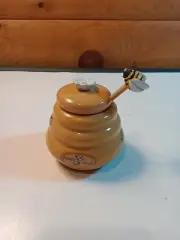 Honey Miel Lidded Beehive Pot Jar w/Bumble Bee Honey Dipper Never Used