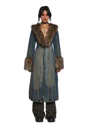 [Current Mood] Off Beat Charm Denim Maxi Coat - Dark Blue