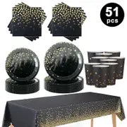 Classic Balck Gold Dots Theme Party Tableware 10 Guest Pack Plates Cups Napkins Tablecloth